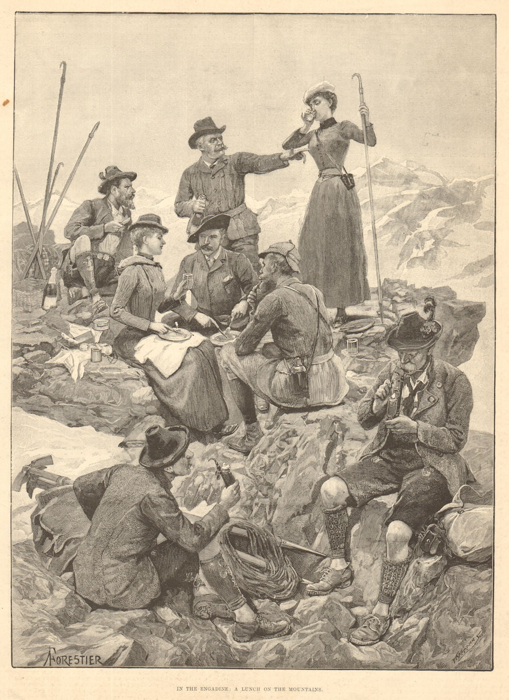 In the Engadin: a lunch on the mountains. Switzerland 1893 old antique print